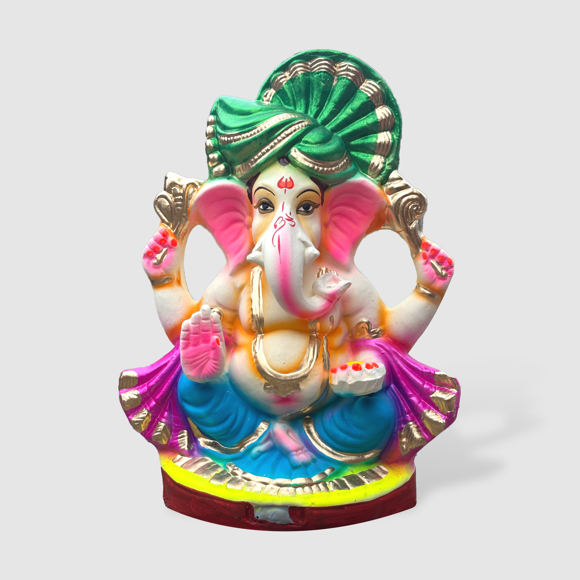 12-Inch Ganesh Idol with Green Crown – Vibrant Handcrafted Clay Murti for Ganesh Chaturthi and Daily Puja