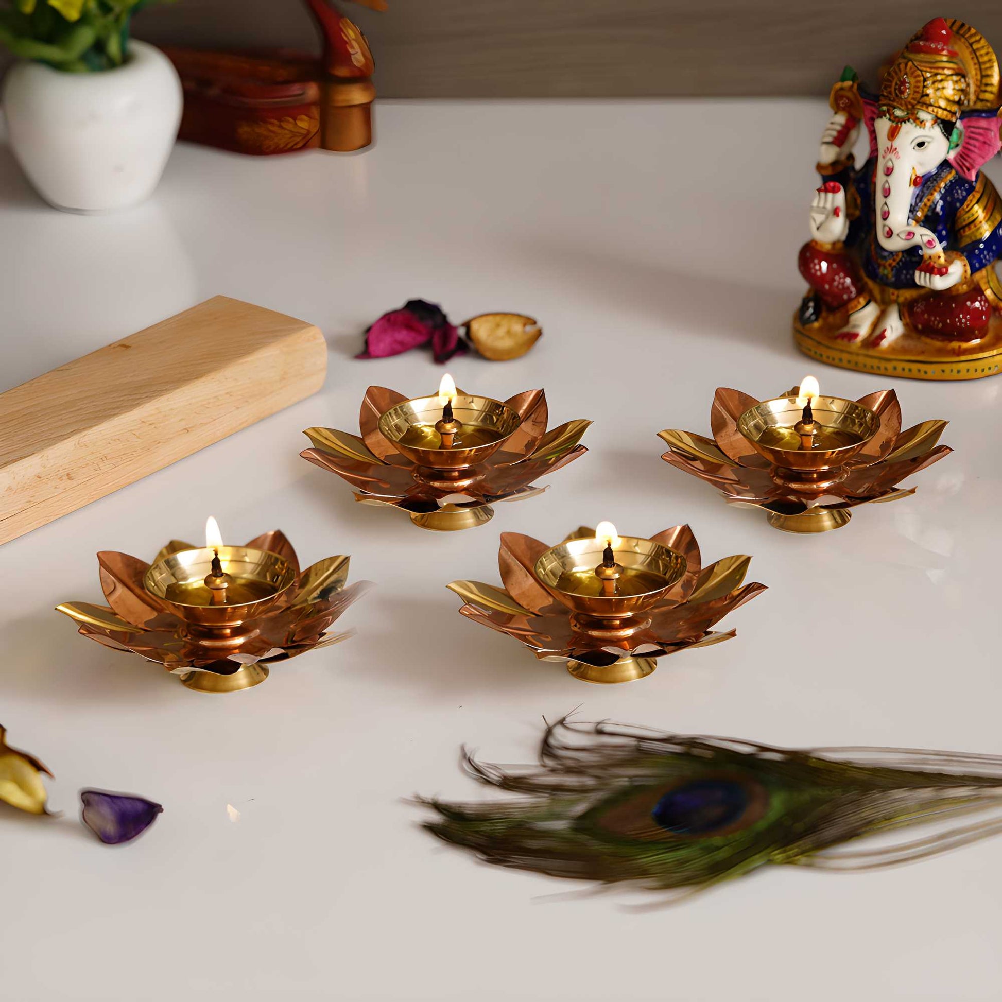 Set of 4 Lotus Metal Diya