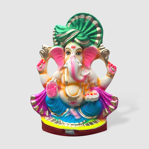 12-Inch Ganesh Idol with Green Crown – Vibrant Handcrafted Clay Murti for Ganesh Chaturthi and Daily Puja