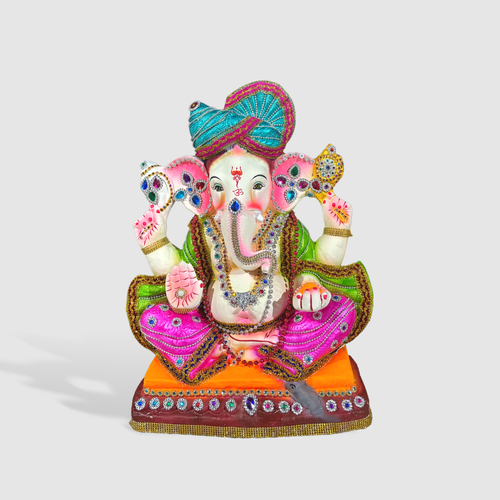 2-Foot Handcrafted Ganesh Idol with Traditional Turban & Mirror Work